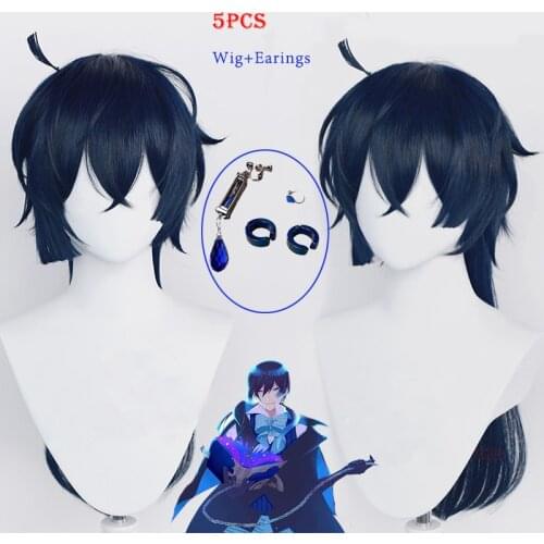 Vanitas No Karte Dark Blue Hair Anime The Case Study of Vanitas Cosplay Wig Earring Ear Clips Heat Resistant Fiber Hair Adults