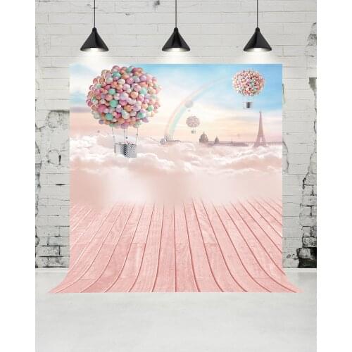 VinylBDS Hot Air Balloon Clouds Photography Backdrops Pink Wooden Floor Photo Studio Newborn Baby Backgrouds for Children Props