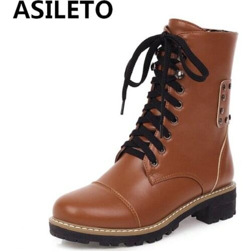 ASILETO New Fashion Women Ankle Boots Rond Toe Square heel Lace up Cross-tied Sequined Platforms plus size 33-43 Casual S1757