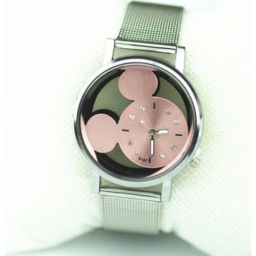 2021New Luxury Brand Five-Color Hollow Mickey Watch Fashion Silver Mesh Band Dress Cartoon Women Quartz Watches reloj mujer Gift