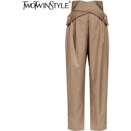 TWOTWINSTYLE Casual Irregular Trousers For Women High Waist Lace Up Button Straight Slim Pants Female Autumn Fashion New 2020