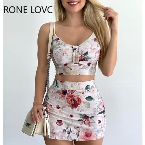 Women V-Neck Floral Print Spaghetti Strap Crop Top & Skirts Sets Casual 2 Pieces Set