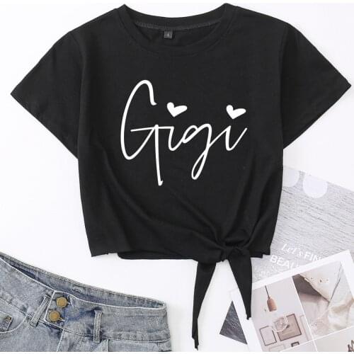 Gigi Grandma Auntie Family Crop Top Womens Summer Short-sleeve Print Cotton T-shirt Cropped Tops Graphic Tee with Front Knot