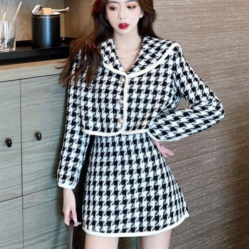 Vintage Two Piece Set Women Crop Top 2021 New Autumn Houndstooth Short Tweed Jacket Coat + Mini Bodycon Skirt Sets Ladies Suits