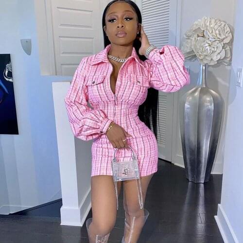 Sexy Zipper Turn-down Collar Plaid Dress Women Fall Winter Long Lantern Sleeve Bodycon Mini Dress Elegant Club Party Dress Robe