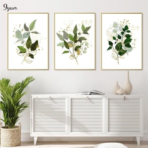 Gold Leaves Green Tropical Branch Plants Wall Art Watercolor Style Poster Print Canvas Painting Interior Living Room Decoration