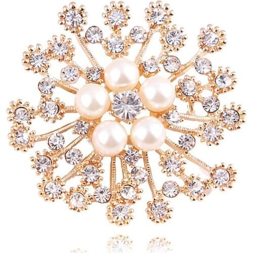 2021 New Fashion Imitation Pearl Rhinestone Crystal Flower Brooches for Women Wedding Bridal Party Round Bouquet Brooch Pin