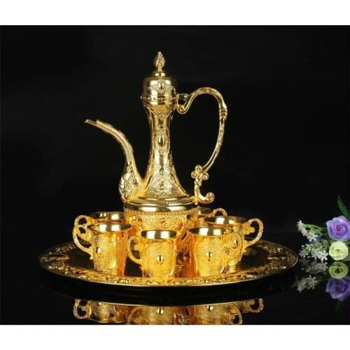 8 pcs / Set. metal gold plated embossed wine bar kitchen drink ware set 6 cups 1 jar 1 tray wedding events deco hotel