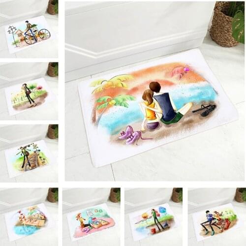 Watercolor Cute Cartoon Girl Carpet Decor Vogue Cartoon Travel Life Doormat Non-Slip Super Soft Flannel Floor Door Mat 40x60cm