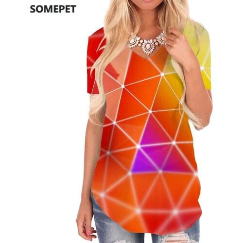 SOMEPET Geometry T Shirt Women Colorful V-neck Tshirt Pattern Tshirts Printed Art Shirt Print Womens Clothing Hip hop Printed