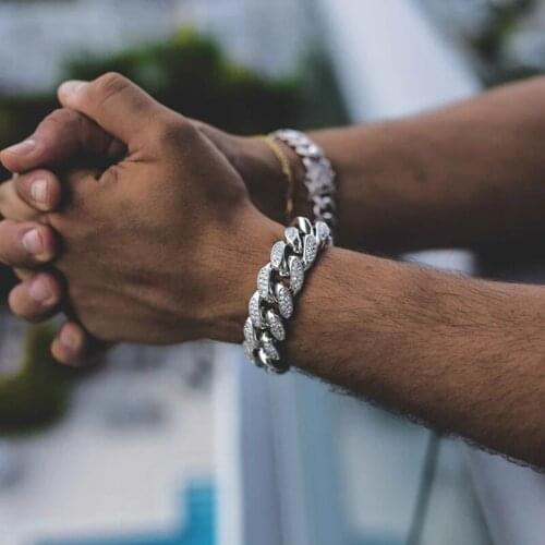 Iced out wide band 12mm cuban chain bracelet with cz hip hop men bracelets chain bracelet with silver color gold color drop ship