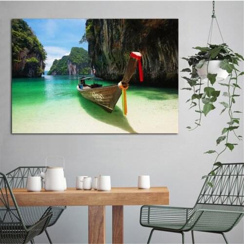 A boat through rocks andaman sea thailand emerald sea living room home wall art decor wood frame fabric poster EX545