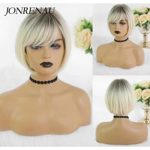 JONRENAU Short Bob Black Root Platinum Hair with Side Bangs Synthetic Cosplay Wig for Girl women Colorful Costume Wigs