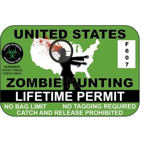 Creative Zombie Hunting Certificate Auto Sticker Pvc Personality Style Fashion Bumper Car Window Decal Decoration 14cm*9cm