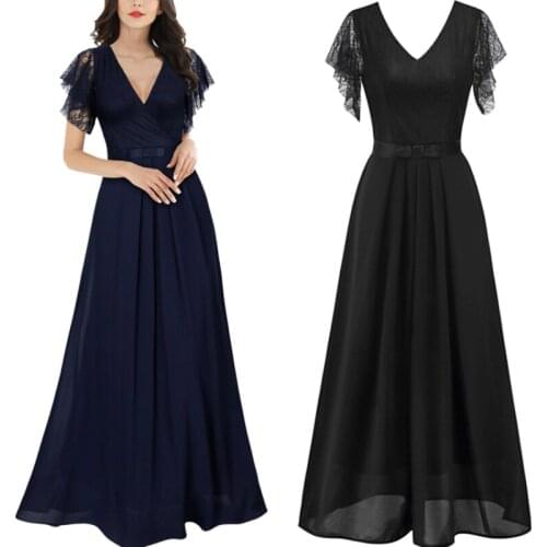 Summer 2021 Ladies Lace Stitching Sexy V-neck Chiffon Long Dress Maxi Dresses for Women