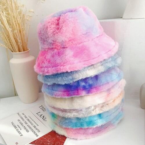 Sweet and Girly Rainbow-Colored Plush Fisherman Hat Autumn and Winter Warm Ear Protection Big Brim Bucket Hat All-Matching Hat