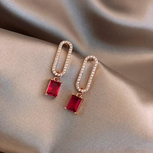 Fashion Red Color Geometric Oval Inlaid Zircon Square Crystal Earrings Elegant Lucky Red Earring For Women Wedding Party Jewelry