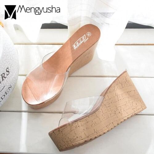 Transparent platform sandals women summer muffins shoes peep toe wood pattern wedges sandalias mujer thick bottom pvc slides