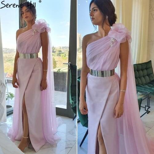 Serene Hill Pink High Split Evening Dresses Gowns 2021 Simple Cape Sleeve Sexy For Woman Wedding Party LA71217
