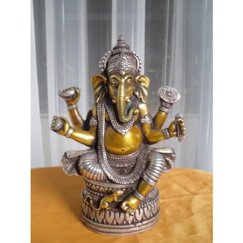 15 cm Tibetan Buddhist bronze coated silver GANESHA INDISCHER GOTT buddha statue wedding copper Decoration real Brass