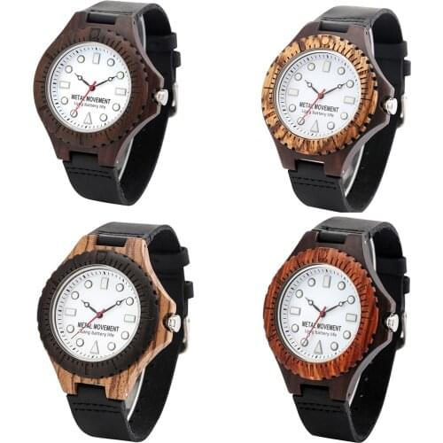 Luminous Watch Wooden Leather Wristwatch Mens White Quartz Specily Dial Male Fashion Business Black Clocks with Product Manual