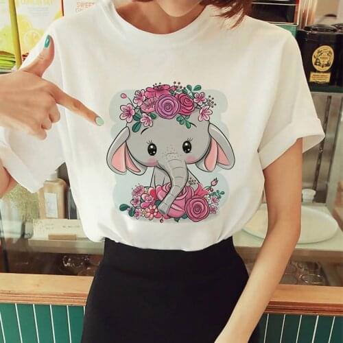 Tshirt Women Cartoon Casual Short Sleeve Flower Elephant Ladies T-shirts Summer Fashion O-neck Graphic Female Tee Tops Plus Size