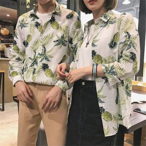 VERSMA Japanese Harajuku GD BF Hawaiian Pineapple Shirt Men Women Summer Vintage Floral Long Sleeve Shirt Sun Protection Clothes