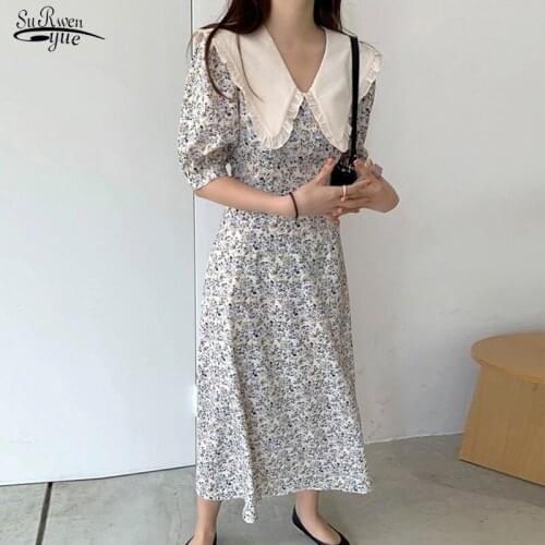 Vintage Turn-donw Collar Floral Dresses Lady Korean Style Women Dress Summer 2021 New Sweet Printed Dress Elegant Vestidos 15339