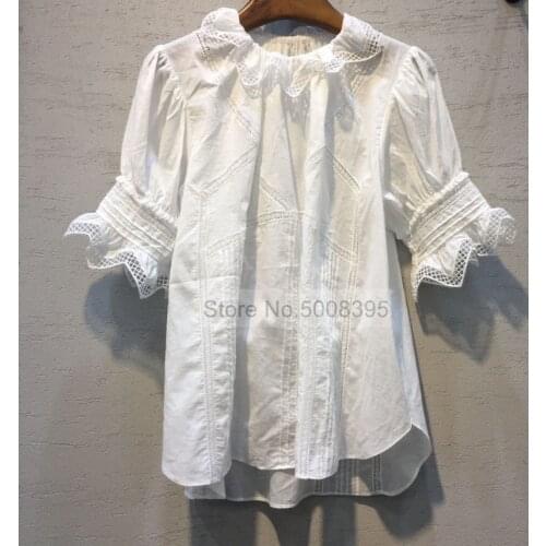 Woman Sweet White Cotton Blouse Ruffled Collar Short Sleeves Lace Embroidered Fashion Tops 2021