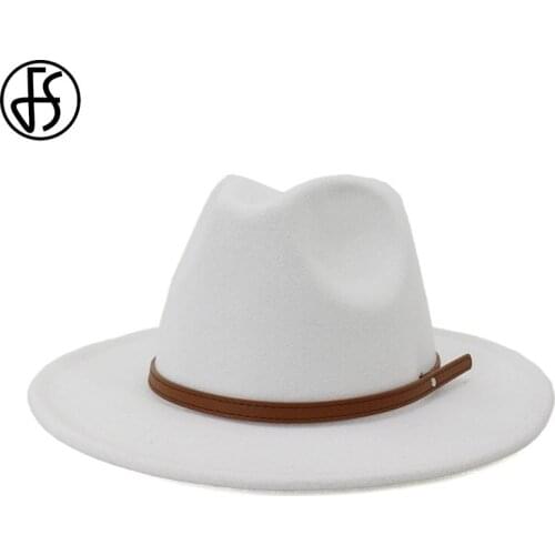 FS Women Wool Felt Hats White Wide Brim Fedoras for Wedding Party Church Hats Men Fedora Hat Derby Trilby Hats Jazz Caps