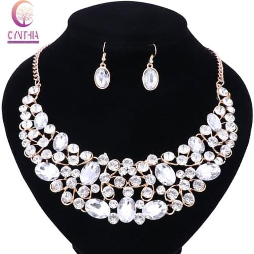 Women Moroccan Style Bridal Necklace Earrings Jewelry Set With Rhinestones Crystal Fashion Wedding Jewelry Sets 8 Colors