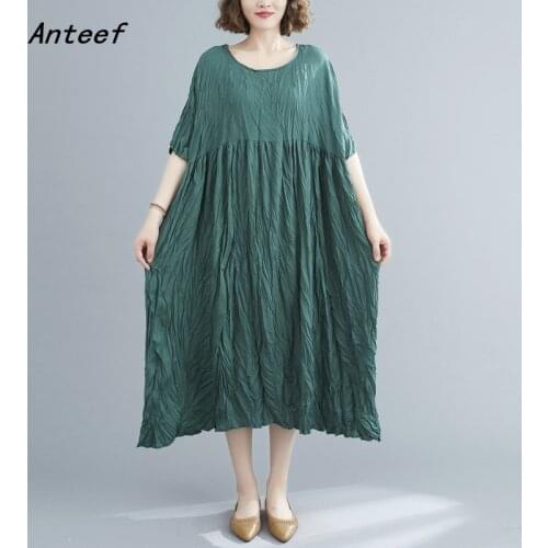 Short sleeve cotton vintage Pleated dresses for women casual loose long woman summer dress elegant clothes 2021