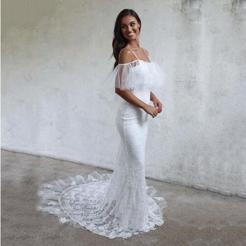 Boho White Mermaid Wedding Dresses Sexy Spaghetti Straps Backless Bohemian Lace Bridal Gowns Long Train Vintage Vestido De Noiva