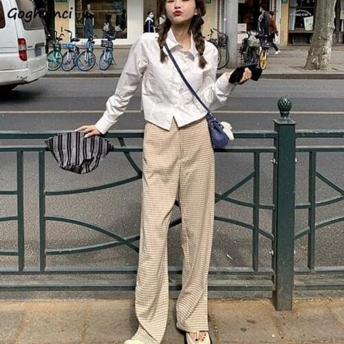 Pants Women Retro High Waist Straight Mopping Female Trousers Vintage Side-slit Streetwear All-match Summer Plaid Harajuku Chic