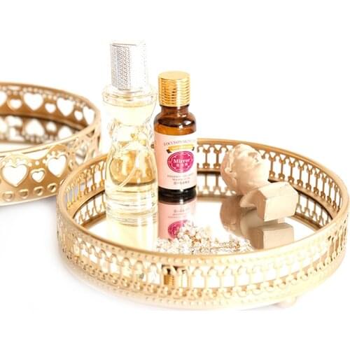 Golden Color Delicate Jewelry Storage Tray Glass Mirror Base Bedroom Desktop Cosmetic Decorative Organize Plate