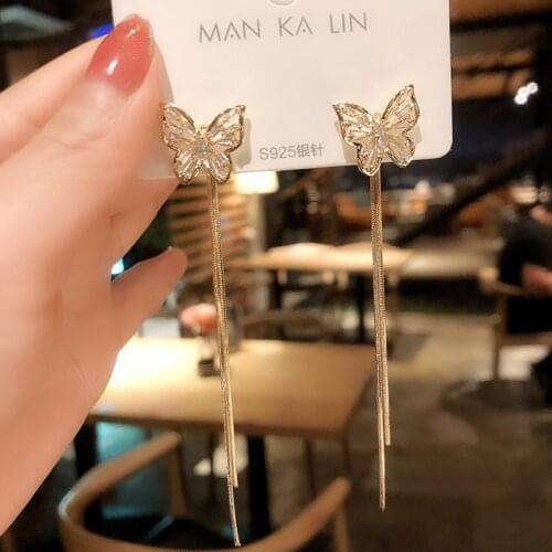 Long Tassel Butterfly Drop Earrings Gold Color 2021 New Fashion Hanging Women Zircon Earrings Summer Wedding Jewelry Girls GIfts