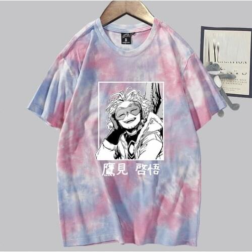 My Hero Academia Tie-dyed T-shirts Hawks Print Women Men Casual Oversized Loose MHA Anime Tee Crewneck Streetwear Top 2021