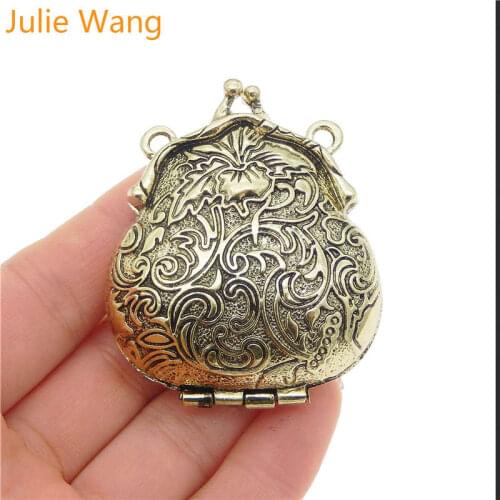 Julie Wang 2PCS Antique Style Bronze Tone Ancient Purse Locket Alloy Charms Pendants 54*45*18MM Openable Wishes Box Retro Gift