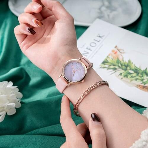 2 piece set Korean bracelet watch set small fresh PU belt shell mirror girl watch alloy bracelet