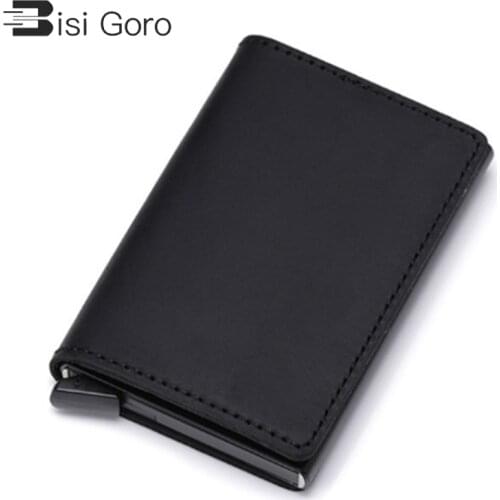 BISI GORO 2021 NEW Cowhide Leather Slim Vintage Non-scan Wallet Unisex Metal Blocking Credit Card Holder With RFID Dropshipping