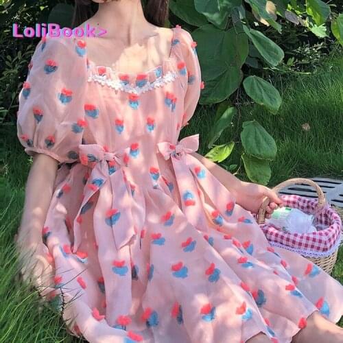 Lolibook 2021 Women Sweet Lace Bow Square Collar A-line Party Dress Puff Sleeve Floral Print Cute Dress Pink Lolita Vestidos