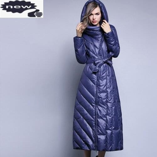 Fashion Slim Fit Oversize 7XL Brand Women Jacket Hooded Sashes Bow Solid Long Down Coat Female Hat Plus Size Outerwear New