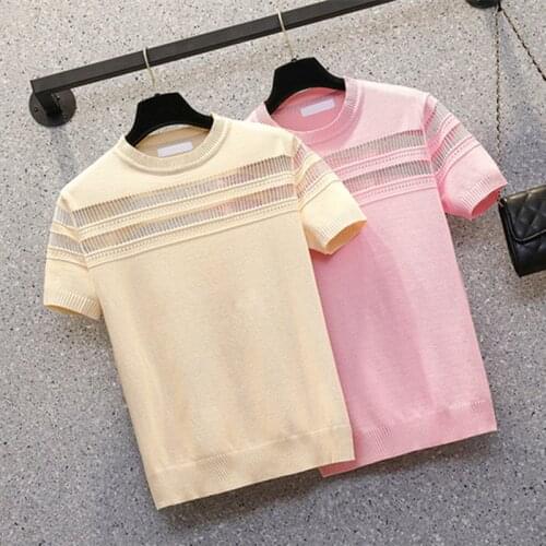 Fashion Thin Knitted Striped O-Neck T-Shirts Women Summer Casual Cotton Short Sleeve Tee Shirt Female Colorblock knit Tops