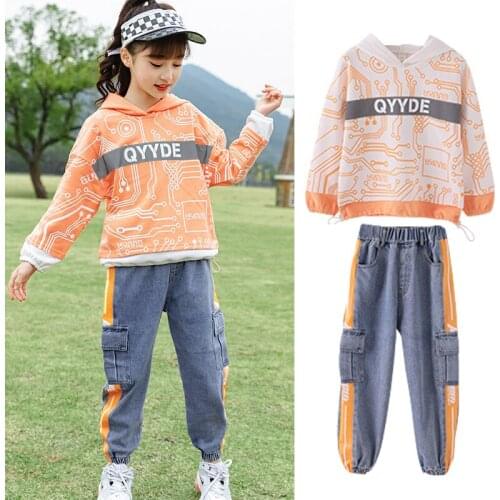 Spring and autumn new girls suit girls Hoodie + jeans fashion versatile suit reflective strip design girls Hoodie girls jean