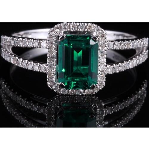 Solid 14K White Gold Engagement Wedding Natural Diamond Ring Emerald cut 7x5mm 0.85ct Treated Emerald Gemstone Fine Jewelry Ring