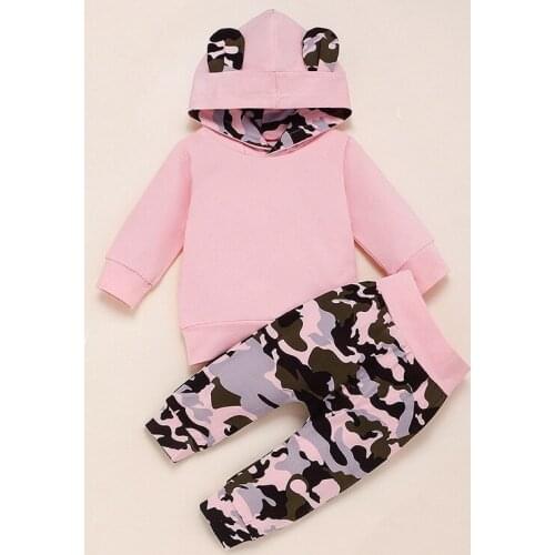 Baby Girl Clothes Toddler Newborn Pink Pantchwork Hooded Long Sleeve Top Clothing Outfit Set Camouflage Pants Autumn Clothes