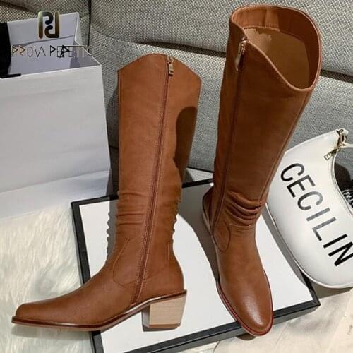 Autumn and Winter Round Toe Stitching Fold Side Zipper Long Boots Thick Heel Mid-heel Knight Boots Leather High Boots Dark Brown