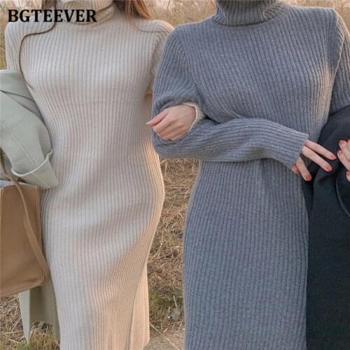 BGTEEVER Autumn Winter Thicken Sweater Dress for Women 2021 Casual Turtleneck Loose Straight Female Knitted Dress Vestidos