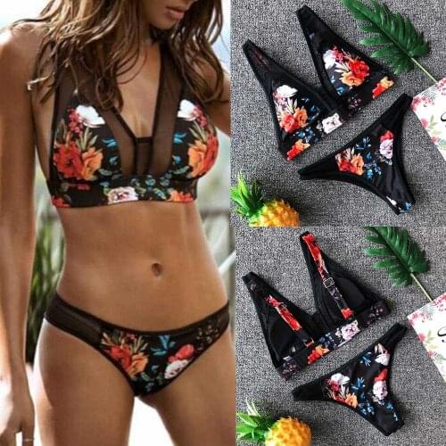 Two Piece Sport Swimsuit Women 2021 Flower Print Fashion Push-Up Padded Bra Beach Bikini Set Swimsuit купальники женские