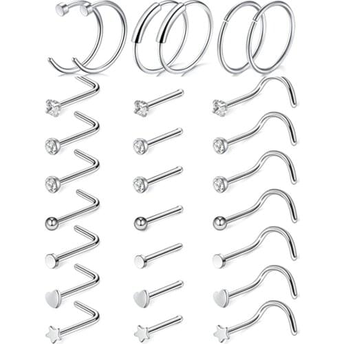 1 set 20G Nose Studs Surgical Steel L-Shape Nostril Studs Screws Nose Ring Hoop Body Piercing Jewelry Mixed Styles Nose Rings